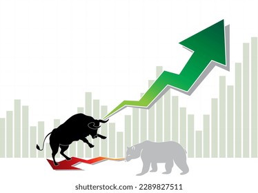 Illustration vectorielle fond vectoriel, , flèche verte de la Bourse vers le haut, gain symbole marché boursier hauslish, concept de marché Bull et ours, concept Bull et ours isolé