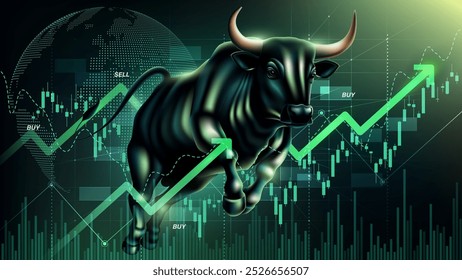 bullish market trend with a charging bull and upward stock market graph, symbolizing rising prices and financial optimism in global trading, vector illustration

