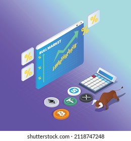 Bullish trend crypto currency market isometric 3d vector illustration concept banner, website, landing page, ads, flyer template