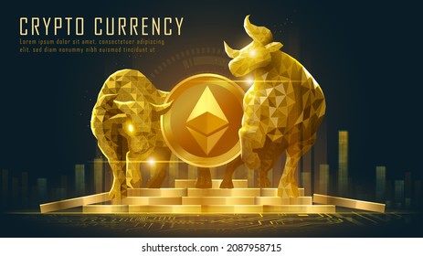 Bullish trend of Ethereum crypto currency in golden futuristic concept