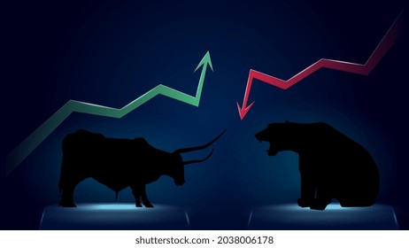 Bullish Trend Versus Bearish Trend With Green Up And Red Down Arrows On Dark Blue Background. Bull And Bear On Pedestals Opposite Each Other. Vector Illustration.