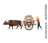 Bullock cart and farmer. Vector illustration