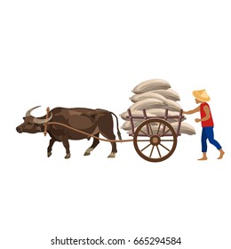 Bullock cart and farmer. Vector illustration