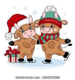 BULLS 2021 ICE SKATING Cute New Year Merry Christmas Cartoon Holiday Animal Hand Drawn Clip Art Vector Illustration Set For Print