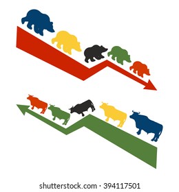Bulls and bears. Rise and fall of quotations on stock exchange. Red down arrow international traders bear. Green up world Raiders bull