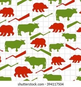 Bulls and bears seamless pattern. Exchange traders. Red and Green arrow. Texture for business fabric. Grid graph. Raising and lowering rates
