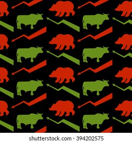 Bulls and bears traders seamless pattern. Green Red Bull and bear. Rise and fall of course.  arrow up and down. Texture for Exchange fabric. Business background