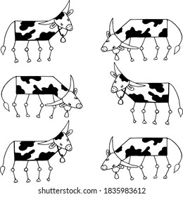 Bulls with black spots on a white background, symbol of the year, cow with horns