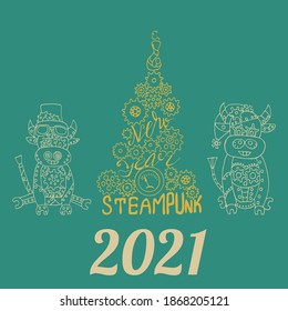 Bulls and Christmas tree in the style of Steampunk. vector line illustration hand-drawn. Chinese New year in the style of steampunk. Elements for  greeting cards, calendar
