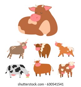Bulls cows farm animal character vector illustration cattle mammal nature wild beef agriculture.