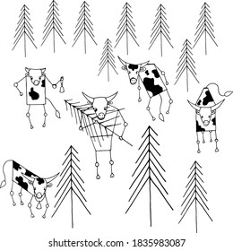 Bulls with dark spots and Christmas trees on a white background, symbol of the year