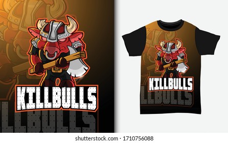Bulls esport mascot logo with t-shirt design, Hand drawn