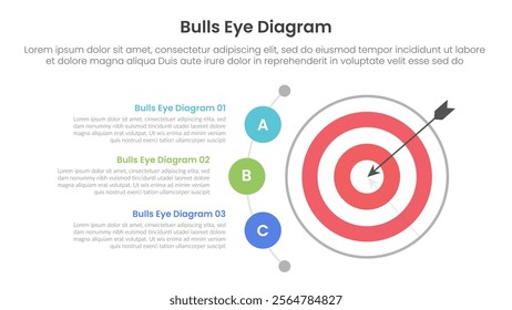 bulls eye diagram infographic template banner with big dart and half circular point description with 3 point for slide presentation vector