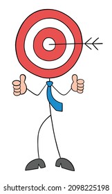Bulls eye head stickman businessman standing and giving thumbs up. Hand drawn outline cartoon vector illustration.