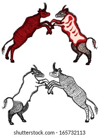 Bulls fight from Irish legend The Cattle Raid of Cooley.  Colored and black and white images on separate layers.