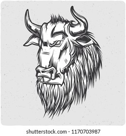 Bull's head. Black and white illustration. Isolated on light backgrond with grunge noise and frame.