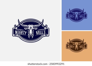 Bulls head logo with mighty bull's text, ideal for sports team branding, financial companies, or any business symbolizing strength and determination. EPS layered vector