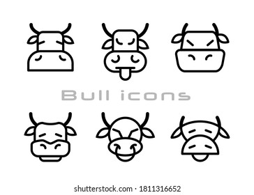 Bull's head, a set of six options. Style Linear icons. Vector isolated on a white background.