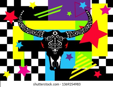 Bulls head with stars, pop art colorful background poster, vector illustration
