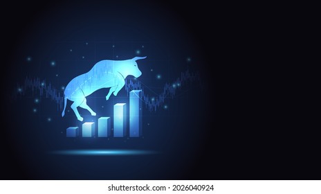 Bulls jump on increase financial chart in stock market on blue color background