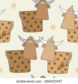 Bulls in a linear style, seamless pattern. Zodiac sign, logo, design element, sticker, print. Symbol of 2021.