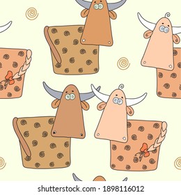 Bulls in a linear style, seamless pattern. Zodiac sign, logo, design element, sticker, print. 