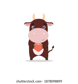 Bulls in love. 
A loving bull holding a heart. Valentine's Day. Holidays concept.