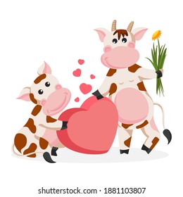 Bulls in love. The symbol of 2021 is a bull and a cow. Romantic date bulls. Vector illustration, print on t-shirt, postcard