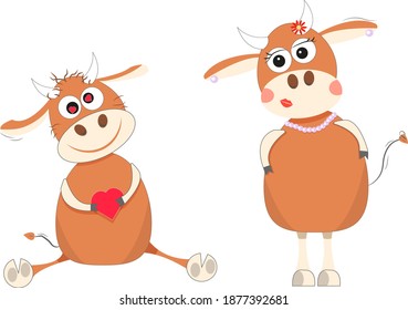 Bulls in love. Vector flat illustration. There is a bull-boy and a bull-girl, the boy is sitting, his head is spinning from love, in his hands he holds a heart. The girl is standing, she has jewelry