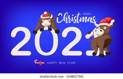 Bulls symbol of the 2021 Chinese New Year. Holiday vector illustration of Zodiac Sign of mouses on a blue background. Design element for banner, poster, flyer, greeting card