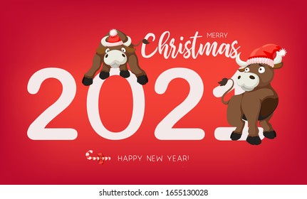 Bulls symbol of the 2021 Chinese New Year. Holiday vector illustration of Zodiac Sign of mouses on a red background. Design element for banner, poster, flyer, greeting card