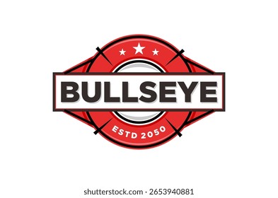 Bullseye archery target logo design, red and white color scheme, sport badge emblem
