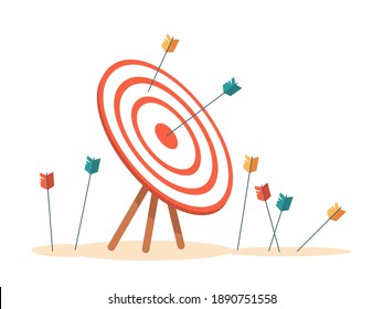 Bullseye with arrows hitting aim, isolated target with missed and failed attempts. Business mission concept, tries and achieving success at work. Game sports and leisure. Vector in flat style