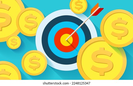 Bullseye business conpept. Arrow in the center target. Make money. Vector design element for you projects