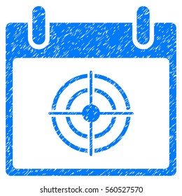 Bullseye Calendar Day grainy textured icon for overlay watermark stamps. Flat symbol with scratched texture. Dotted vector blue ink rubber seal stamp with grunge design on a white background.