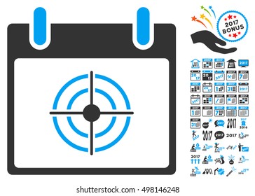 Bullseye Calendar Day icon with bonus calendar and time management pictogram set. Vector illustration style is flat iconic symbols, blue and gray colors, white background.