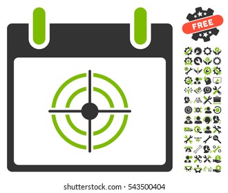Bullseye Calendar Day icon with bonus settings design elements. Vector illustration style is flat iconic symbols, eco green and gray, white background.