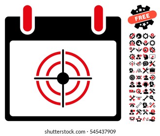 Bullseye Calendar Day icon with bonus setup tools graphic icons. Vector illustration style is flat iconic symbols, intensive red and black, white background.