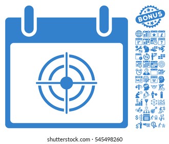 Bullseye Calendar Day icon with bonus calendar and time management clip art. Vector illustration style is flat iconic symbols, cobalt, white background.