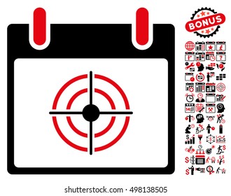 Bullseye Calendar Day pictograph with bonus calendar and time management pictograms. Vector illustration style is flat iconic symbols, intensive red and black, white background.