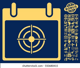 Bullseye Calendar Day pictograph with bonus calendar and time management pictograph collection. Vector illustration style is flat iconic symbols, yellow, blue background.