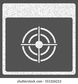 Bullseye Calendar Page grainy textured icon for overlay watermark stamps. Flat symbol with unclean texture. Dotted vector white ink rubber seal stamp with grunge design on a gray background.