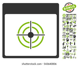 Bullseye Calendar Page icon with bonus calendar and time management pictograph collection. Vector illustration style is flat iconic symbols, eco green and gray, white background.
