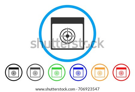 Bullseye Calendar Page vector rounded icon. Image style is a flat gray icon symbol inside a blue circle. Additional color variants are gray, black, blue, green, red, orange.