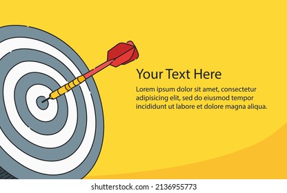 Bullseye Dart Arrow hitting a target on the center  of Dartboard on yellow background with copy space. Vector illustration