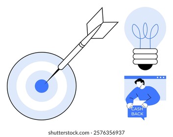 Bullseye with dart, light bulb, and person with cash back text. Ideal for business planning, financial growth, innovation, marketing strategies, goal setting. Minimalist clean style