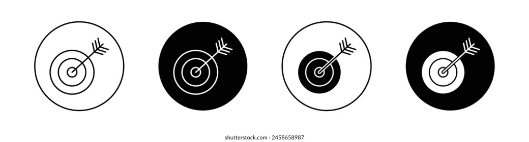 Bullseye icon set. purpose, aim, goal or target vector symbol. strategy accuracy sign. objective dart icon. mission challenge symbol in black filled and outlined style.