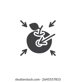 Bullseye multiple arrows solid icon. A glyph style icon showing arrows hitting a target. This solid icon is a sign and symbol of shared goals and team accuracy icon.