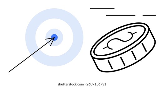 Bullseye target with arrow, and coin icon symbolize goals, success, strategy. Ideal for business presentations, financial services, investment guides, strategic planning, marketing materials, fintech