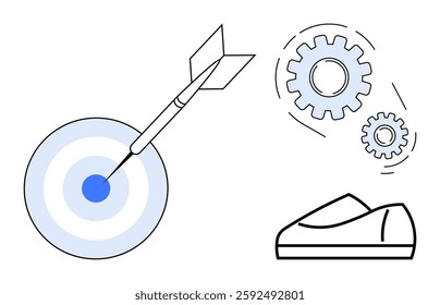 Bullseye target with arrow, gears in motion, and a shoe symbolizes business goals, teamwork, and productivity. Ideal for business strategies, teamwork, efficiency, success, process optimization